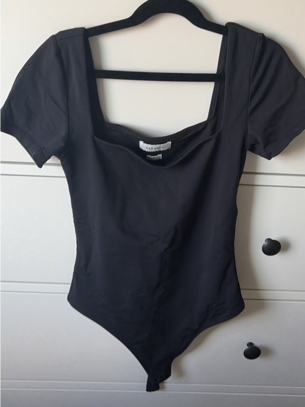 Babaton Black Short Sleeve Square Neck Bodysuit